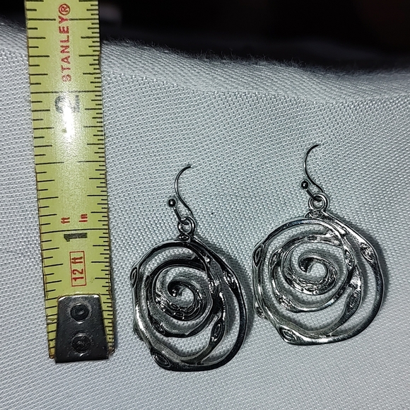 Silver Tone Dangle Swirl Portal Earrings - Picture 3 of 3